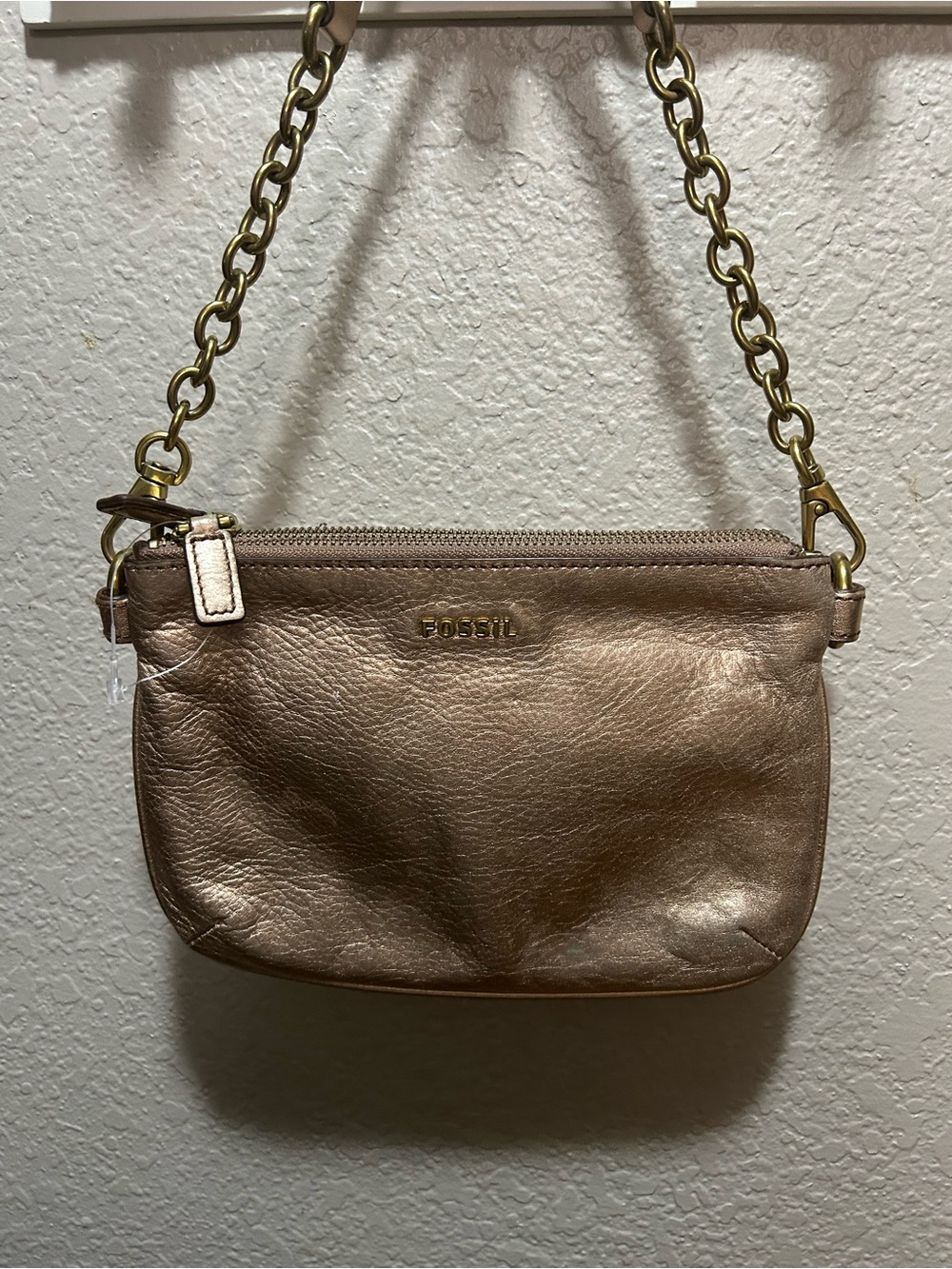 Fossil Rose Gold Mini Leather Wristlet with Chain Strap